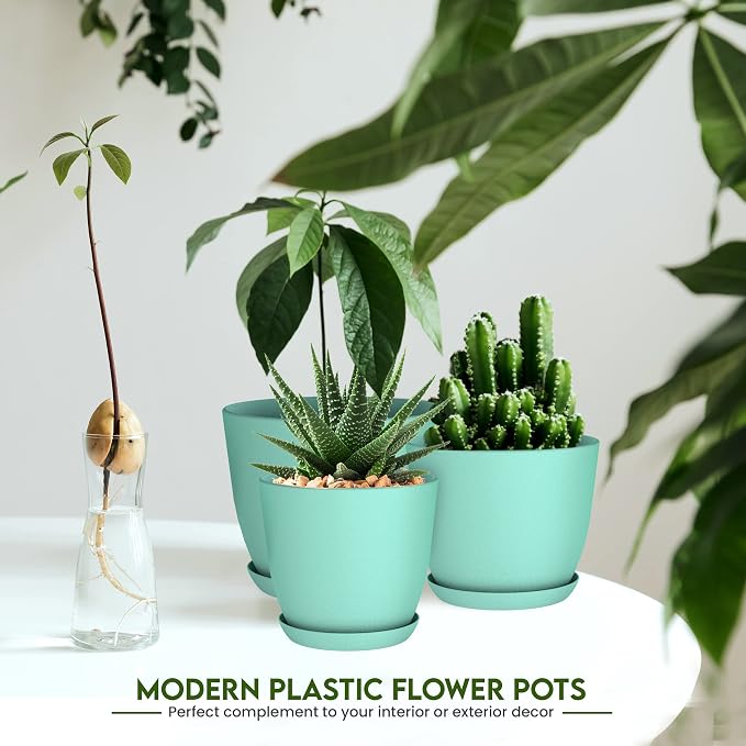 Plant Pots Indoor with Drainage, 5 Pack Multi-Size Planters Set, Aqua | Drainage holes included Multiple sizes 7/6.6/6/5.3/4.8 In Indoor plants and flowers Durable plastic construction