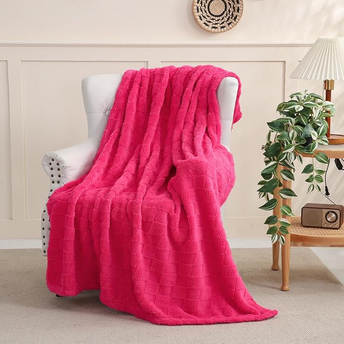 Hot Pink Fleece Throw Blanket 60”×80”Checkered Design for Couch | Super Soft Cozy Plush Microfiber 3D Square Pattern Flannel Blanket for Sofa Bed Lightweight for Adults,Women