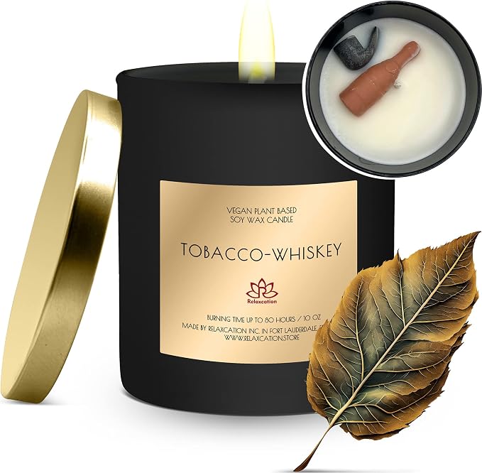 Candle for Men - Natural Soy Wax Candle in Big Glass Jar - Highly Scented Candle Tobacco & Whisky Scent | Ideal for Home, Gift for Men, Husband, Father - Handmade in USA
