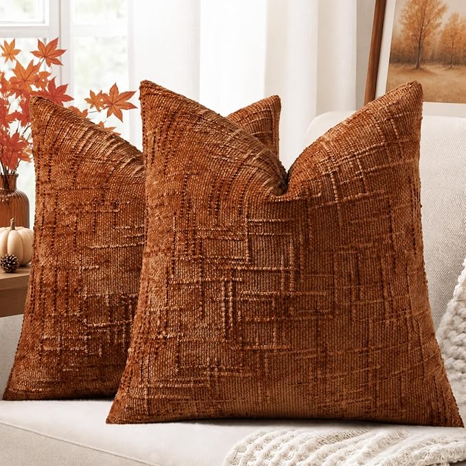 decorUhome Textured Chenille Throw Pillow Covers 16x16 Set of 2 Rust | Fall Modern Farmhouse Soft Cozy Slubby Couch Pillow Cases Boho Decorative Pillow Cases for Bed Sofa Living Room Home Decor