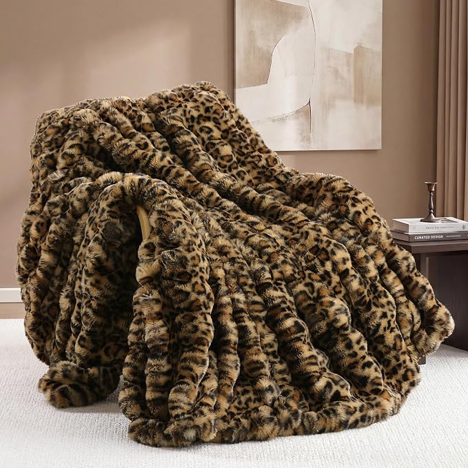 Faux Fur Throw for Couch - Leopard Brown Bubble Blanket 60"x80" | Fluffy Plush Fuzzy Cheetah Throw for Sofa & Bed, Super Soft Cozy Comfrt Blanket,Luxury Aesthetic Leopard Decor Gift for Women