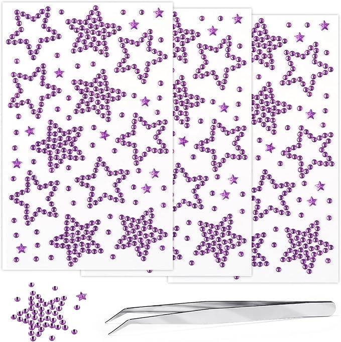3 Sheets Star Rhinestone Stickers Light Purple Adhesive Gems Face Jewels Stickers Bling Hair Diamond Decals Sparkly Crystal Pearls for Body Face Nails Crafts Decoration