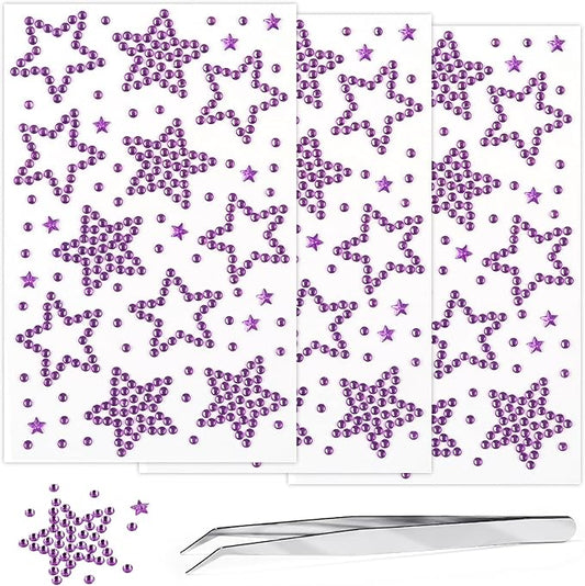 3Sheets Star Gem Stickers Jewels for Crafts, Face Makeup - Self Adhesive Rhinestone Jewel Stickers, Stick on Gems Rhinestones for Crafts, Craft Supplies for Kids (12.Light Purple Star)