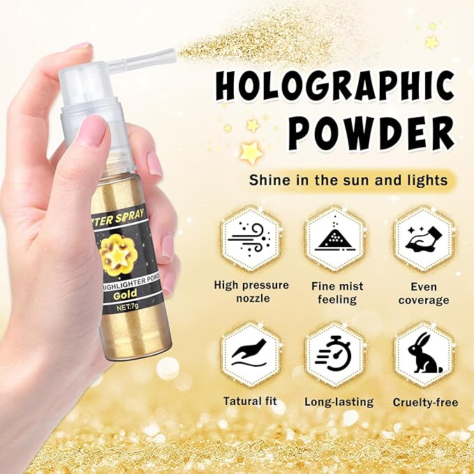 AWCCXMYM Body Glitter Spray Sparkle Hairspray Highlighter Glitter Shiny Spraay for Hair and Body,Face Glitter Powder for Halloween,Christmas,Concert Accessories Party Body Makeup(Gold)