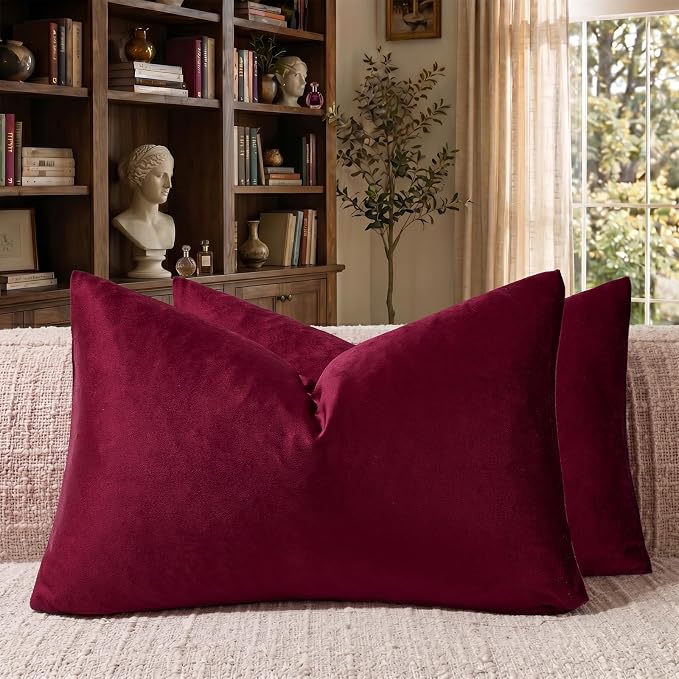 GIGIZAZA Burgundy Velvet Pillow Covers 12x20 Decorative Pillows Pack of 2 | Red Throw Pillows for Couch Sofa,280gsm Soft Textured Fabric,Modern Lumbar Pillowcases,Luxury Cushion Covers