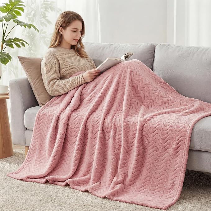 Exclusivo Mezcla Soft Fleece Blanket King Size for Bed, Sofa, Pink | 90"x104" Breathable Lightweight Flannel Blanket for Summer, Plush Cozy Jacquard Wave for Home Decor