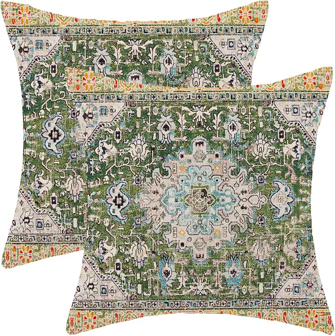 AEIOAE Boho Pillow Covers 20x20 Inch Set of 2,Carpet Pattern Throw Pillows Case,Sage Green Yellow Ethnic Design Outdoor Decorative Square Linen Farmhouse Decor Cushion Covers for Home Sofa Bed Couch