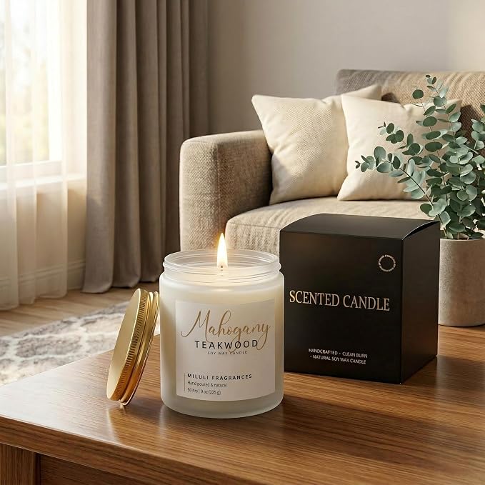 Mahogany Teakwood Scented Candles for Home - 15% Essential Oil Luxury Aromatherapy - Handmade Natural Soy Wax Candle for Women Men Relaxation - 9oz Frosted White Jar,50H Clean & Non-Toxic Burn