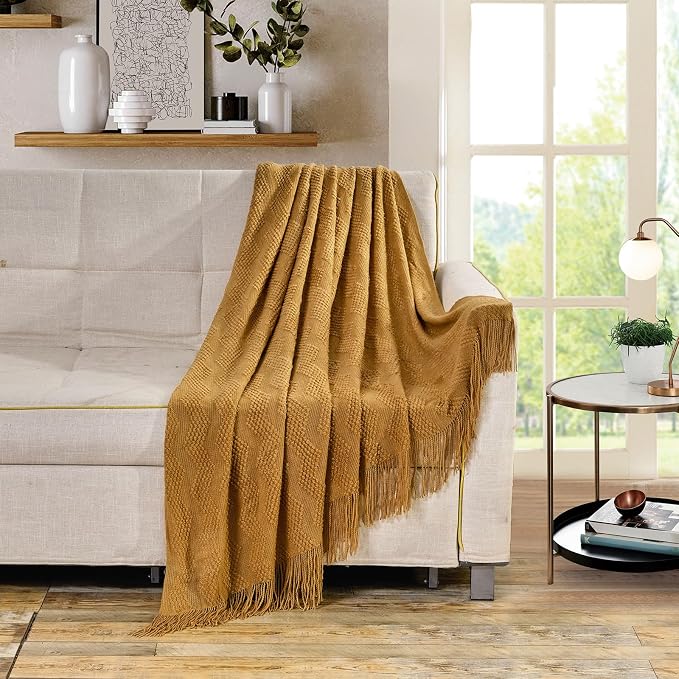 BOURINA Almond Throw Blanket 50x60 Inches Throw Textured Solid Soft Ripple Throws and Blankets for Sofa or Bed Knitted Decorative Throw