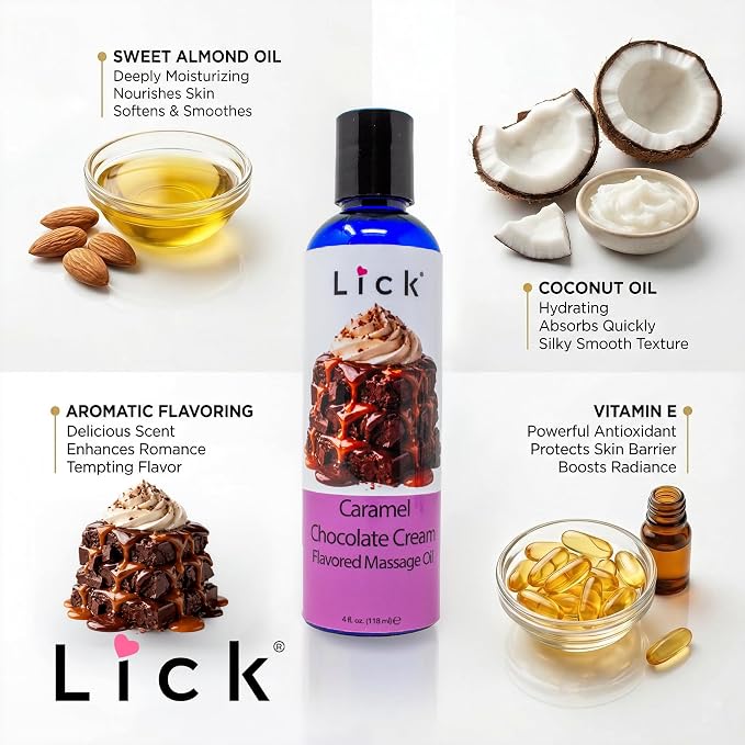 Lick Caramel Chocolate Cream Flavored Massage Oil – Tropical Edible Massage Oil with Sweet Almond Oil & Vitamin E, Hydrating Body-Safe Formula for Relaxing Couples Massage, 4 oz