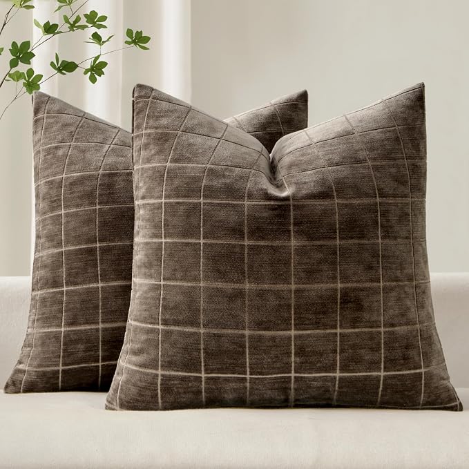 MIULEE Brown Plaid Decorative Fall Throw Pillow Covers 18x18 Set of 2 | Vintage, Check Chenille Couch Pillows, Boho Farmhouse Cushion Covers, Modern Home Decor for Sofa Bed Living Room