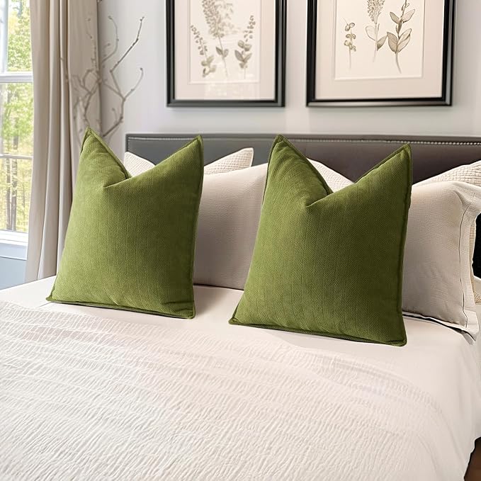 MIULEE Pack of 2 Moss Green Euro Shams Chenille Pillow Covers 26x26 Inch | Decorative Soft Couch Throw Pillows,Farmhouse Cushion Covers,Elegant Design for Sofa,Bed,Living Room,Summer Decor