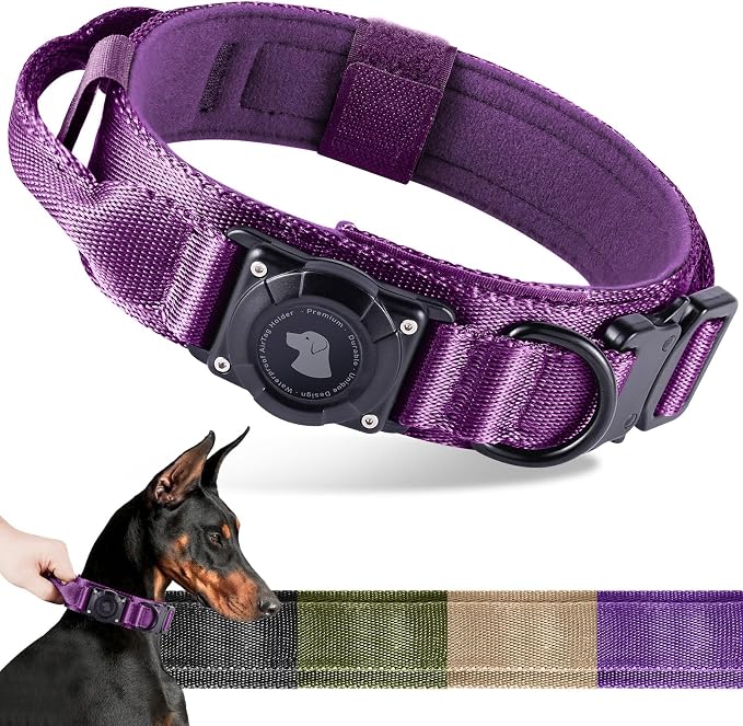 2026 Upgrade Waterproof Tactical AirTag Dog Collar, Built in AirTag Holder | Comfortable Control Handle, Quick Release Metal Buckle, Durable 1000D Nylon, For Medium to Large Dogs, Purple, XL