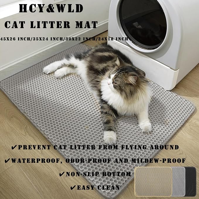 HCY&WLD Cat Litter Mat, Double Layer Cat Litter Box Mat (45x26 Inch, Khaki) | Waterproof Urine-Proof Non-Slip Litter Trapping Mat, Soft on Kitty Paws, Scratch-Resistant, Scatter Control, Easy to Clean
