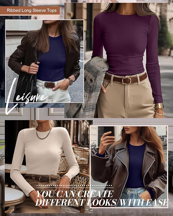 Ficerd 3 Pack Women's Ribbed Long Sleeve Tops, Crew Neck Slim Fit Undershirts Knit Basic Casual Stretch Layering Tee Shirts