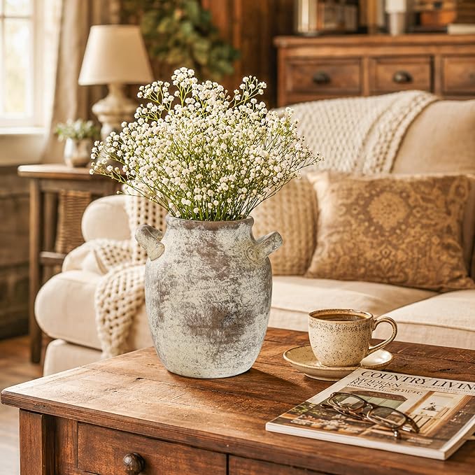 DREAMLOOM 7.2 Inch Ceramic Flower Vase, Terracotta | Double Handles, Farmhouse Vintage, Pottery, Home Decor, Living Room Dining Table Wedding Centerpieces