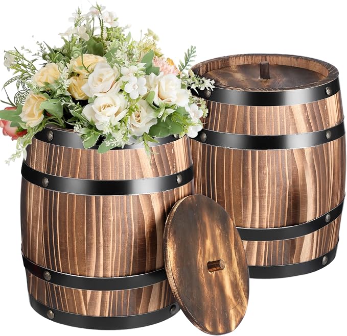 GlikCeil 2 Pcs Wood Wine Barrel Vase Vintage Flower Vase Container Rustic Barrel Planter for Wedding Reception Table Decoration Home Indoor Outdoor Garden Kitchen Party (8 x 6.5 Inch)
