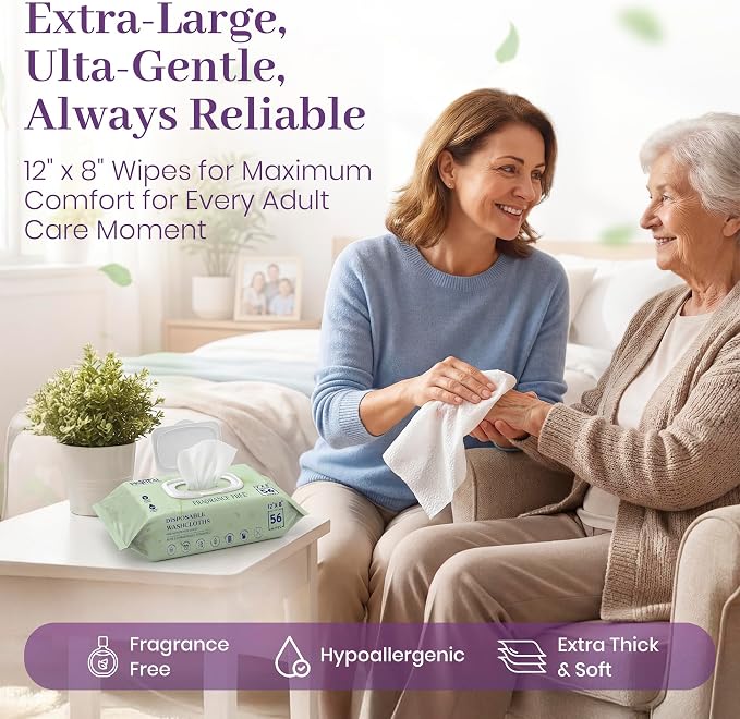 Extra Large Adult Wipes for Elderly - 6 Packs of 56 [336 Count] 12" x 8" Disposable Washcloths, Extra Thick Body Wipes for Bathing No Rinse, Fragrance Free Hypoallergenic for Sensitive Skin, ProHeal