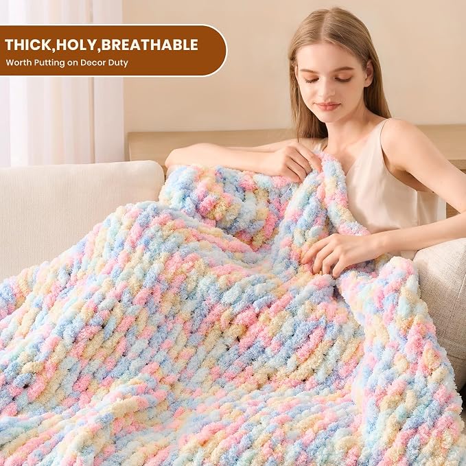 L'AGRATY Chunky Knit Throw Blanket for Couch, 60 x 80 Inches, Rainbow | Handmade Chenille Crochet Blanket for Sofa Bed, Thick Cable Knitted Blankets for Room Home Decor, Birthday Gift for Women Mom