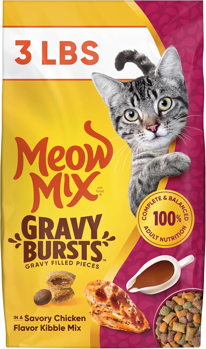 Meow Mix Gravy Bursts Dry Cat Food, 3 lb Bag | Crunchy cat kibble, gravy filled pieces, 100% complete & balanced nutrition