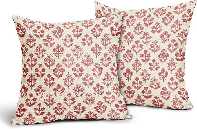 Red Pink Floral Block Print Pillow Covers 16x16 Inch Set of 2, Vintage Flower Pattern Decorative Throw Pillowcases Outdoor Farmhouse Cushion Covers Spring Summer Rustic Sofa Couch Bed Decor