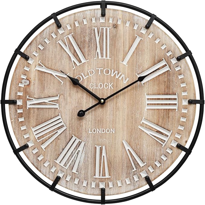EMAX HOME 20 Inch Large Farmhouse Wall Clock, Rustic Antique Wood with Metal Circle and Large Engraved Numerals, Silent Battery Operated Wall Clock for Office Kitchen Bedroom Living Room