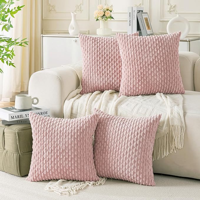 Set of 4 Light Pink Decorative Throw Pillow Covers 26x26 Inch Corduroy Pillow Covers for Bed Couch Sofa Living Room Soft Square Cushion Cases