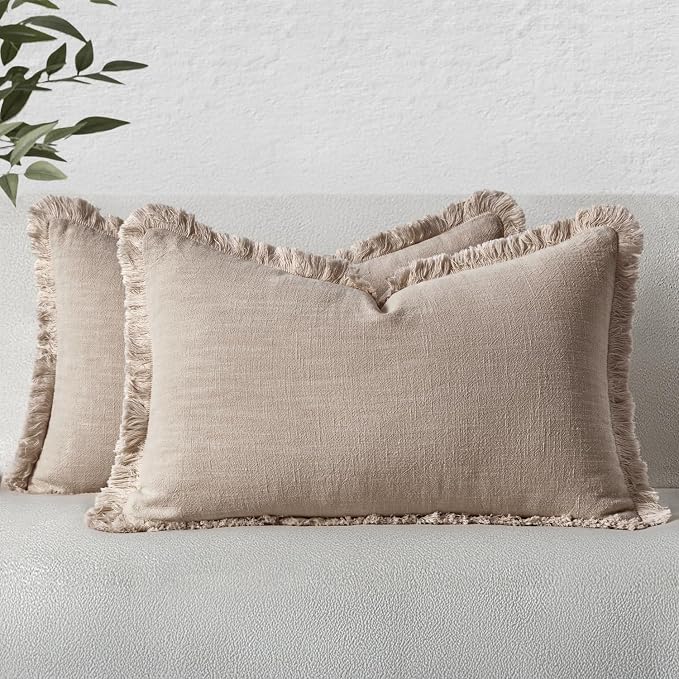 MIULEE Natural Linen Fringe Decorative Lumbar Throw Pillow Covers 12x20 | Set of 2, Cottagecore Decor, Boho Farmhouse Neutral Pillow Covers, Rustic Couch Cushion Cases for Sofa Bed Living Room