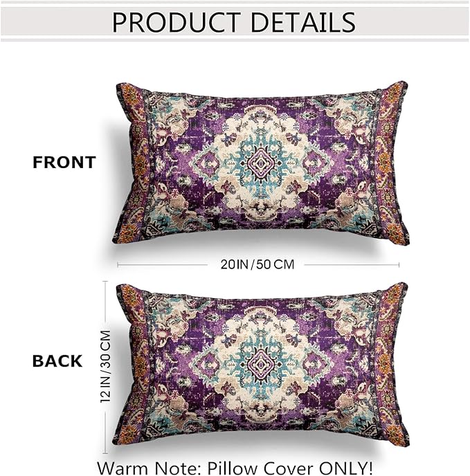 Snycler Boho Throw Pillow Covers 12x20 inch Set of 2 Boho Rug Carpet Double Sided Pattern Cotton Soft Pillow Case Cushion Cover Pillowcase for Couch Sofa Bed Decorative (Purple)