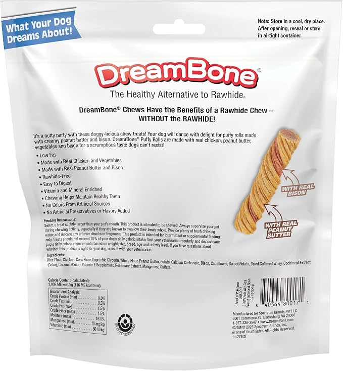 DreamBone Puffy Rolls Rawhide-Free Dog Treats with Real Protein, 8 Count | Daily Chew, Digests Safely and Completely, Made With Real Chicken and Veggies, For Adult Dogs