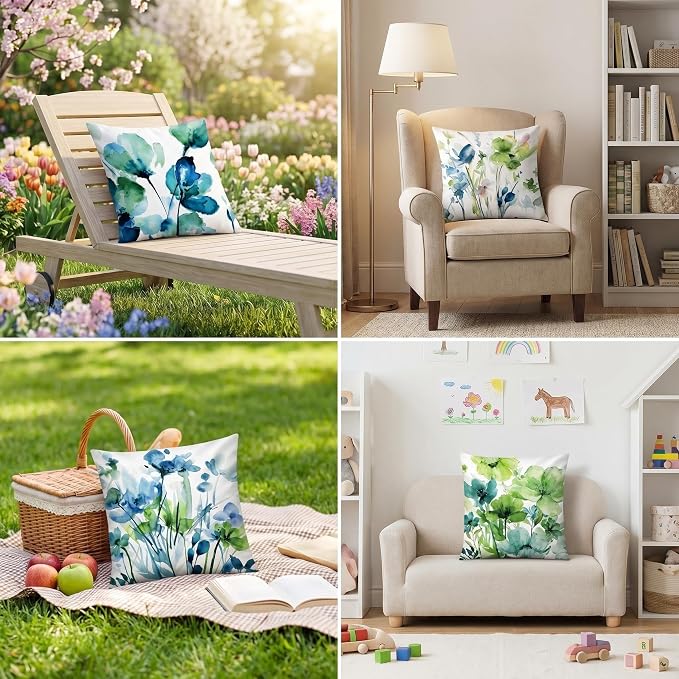 COMMINY Green Floral Throw Pillow Covers 16x16 Set 6 Farmhouse Summer Decor | Decorative Flower Bloom, Watercolor Cushion Cover, Breathable Linen, Accent Pillow, Chair, Small Sofa, Spring Home Decor