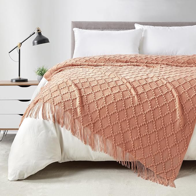 BOURINA Orange Throw Blanket 50 x70 Inch Jacquard Throw Knitted Blanket | Jacquard Argyle Throw Textured Solid Soft Throws and Blankets for Sofa or Bed Knitted Decorative Blanket