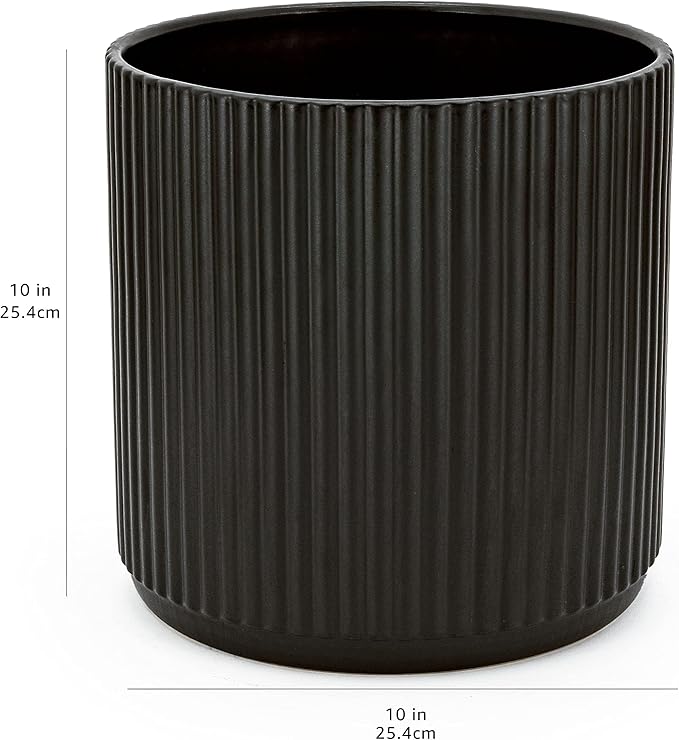 Amazon Basics Fluted Ceramic Planter Pot for Indoor Outdoor Plants, Round Flower Pot with Drainage Hole, 10-inch, Black
