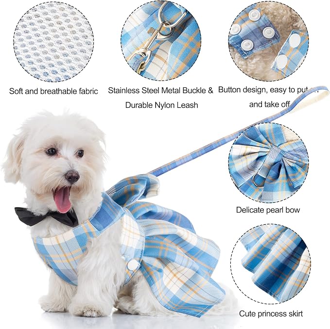 Potchen 4 Pcs Plaid Dog Dresses with Bow Harness and Leashes,Xs,Dark Color