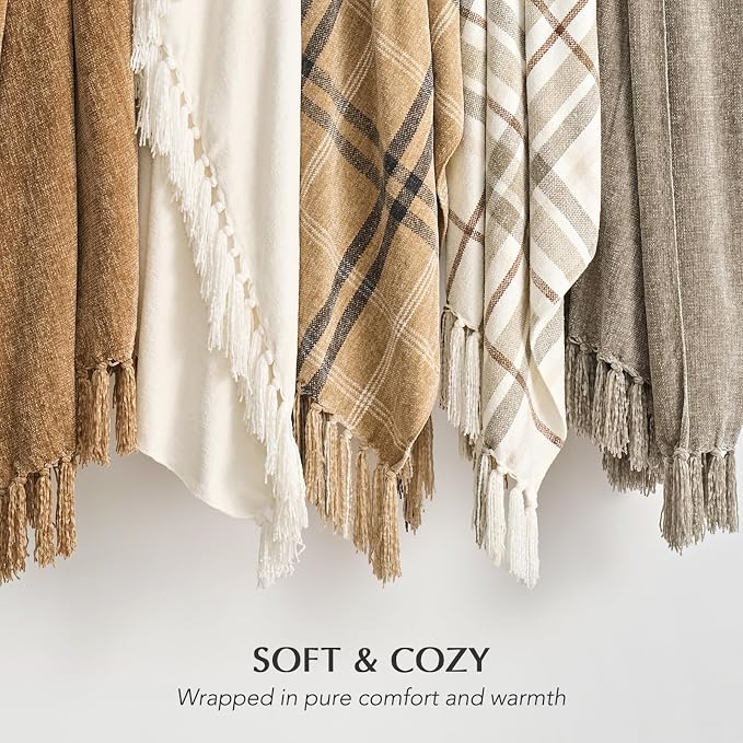 Plaid Chenille Knit Throw Blanket, 60"x80", Cream & Beige | Soft Knitted Throw with Tassels, Cozy, Lightweight, Windowpane Grid Plaid, Decorative Farmhouse Throw for Couch Bed Sofa Gift