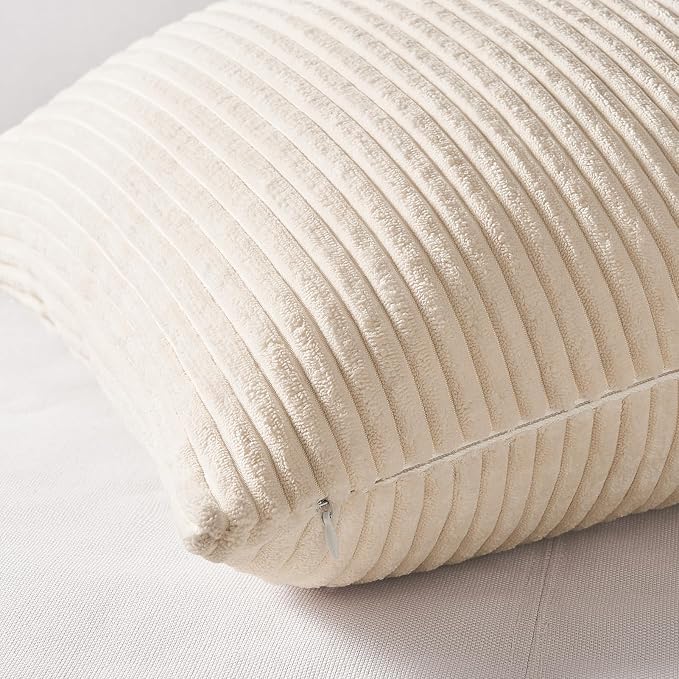 Topfinel 4 Packs Neutral Decorative Throw Pillows Covers 22x22 Inch for Living Room Couch Bed Sofa, Rustic Farmhouse Boho Neutral Home Decor, Soft Plush Striped Corduroy Square Cushion Case 55x55 cm