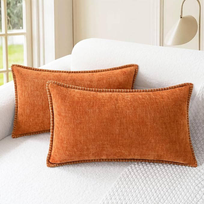 CaliTime Fall Decorative Throw Pillow Covers 20 X 12 Inches Burnt Orange | Pack of 2, Cozy Chenille Cushion Cases, Cotton Thread Stitching Edges, for Couch Sofa Bed Living Room Farmhouse