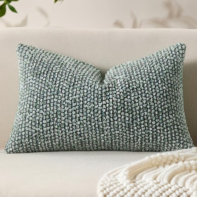 Allorry Soft Wool Decorative Throw Pillow Covers 12x20 Green SY011D12 | Cozy Soft Touch,Neutral Textured Boho Cushion Covers for Modern Farmhouse Sofa Bedroom Living Room Decor