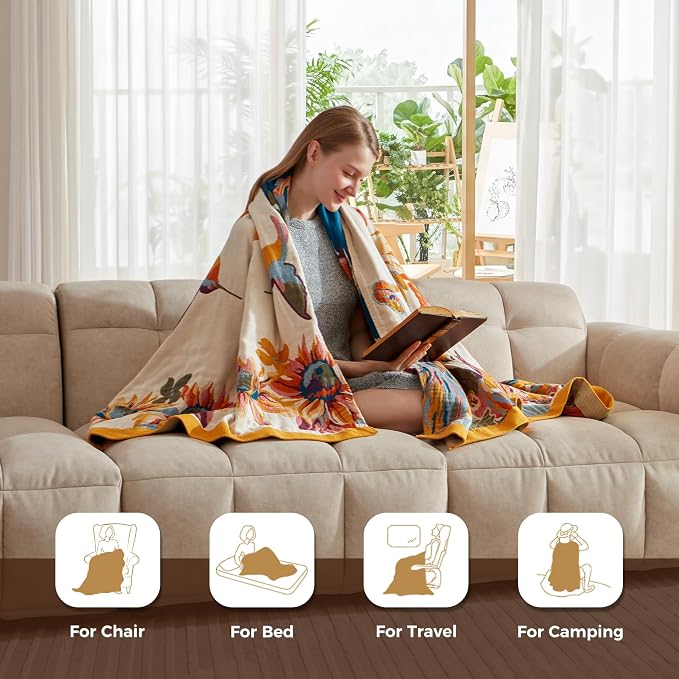 LUTBM Throw Blanket for Bed, 100% Cotton Boho Lightweight Quilt, Room Decor | Reversible 90"x98" Floral Butterfly Blankets, All-Season, For Chair Sofa Couch Room, Breathable Soft Bedspread for Summer
