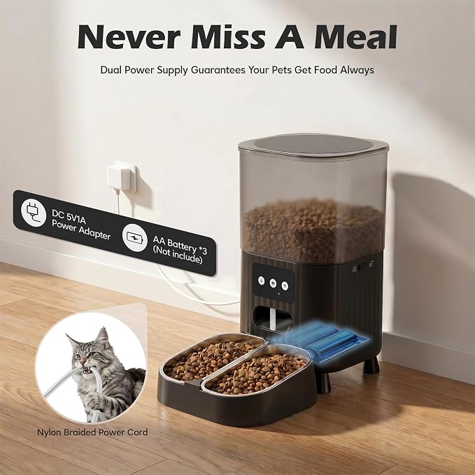 Automatic Cat Feeder, WiFi Cat Food Dispenser with App Control, Smart Dry Pet Food Feeder, 1–10 Meals Per Day, Voice Recording & Stainless Steel Dual-Bowl for Small Pets Indoor(4.5L, Black)