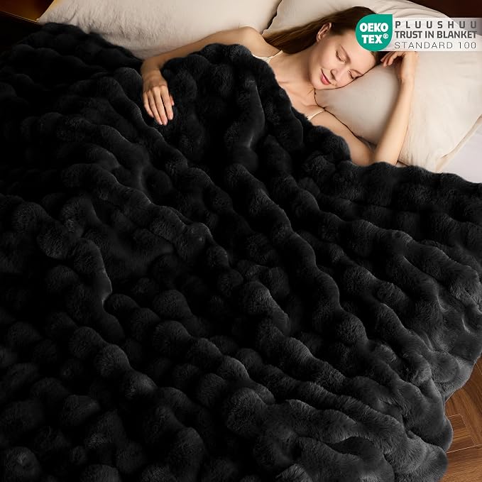 Faux Fur Throw Blanket for Couch, Fluffy Fuzzy Plush Bubble Blanket, Soft Warm Cozy Shaggy Rabbit Blanket, Luxury Decorative Gifts for Sofa Bedroom Living Room, 60x50inch (Black)