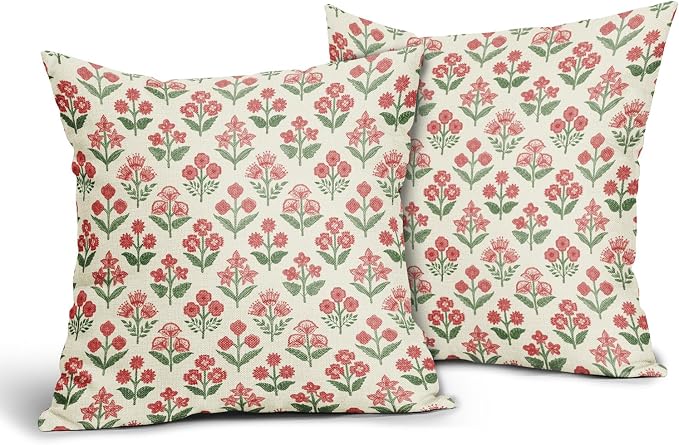 Red Green Christmas Floral Block Print Pillow Covers 18x18 Inch Set of 2, Vintage Flower Pattern Decorative Throw Pillowcases Outdoor Farmhouse Cushion Covers Holiday Rustic Sofa Couch Bed Decor