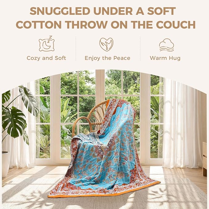 LUTBM Boho Throw Blanket for Couch 50"x60", Cotton Decorative Bed Throws | Reversible Vintage Florals Jacquard, All-Season Lightweight Soft Blankets, For Chair Sofa Bedroom Living Room, Home Decor