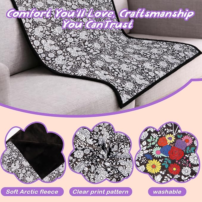 ZHOYIMIMI DIY Cozy Coloring Blankets for Kids & Adults -24 Markers | 50" x 60", Machine Washable, Cozy Velvet, Printed Patterns, ideal for daily use, home decor and kids spaces, Gift Wrapped
