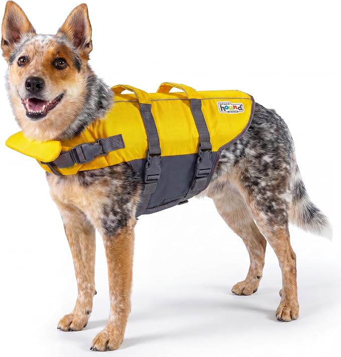 Outward Hound Granby Splash Dog Life Jacket, Life Vest, Yellow, Medium | Max Buoyancy, Adjustable Fit, Head/Neck Support, Rescue Handle, Reflective, Swimming & Boating, Medium Dogs (21–27" Girth)