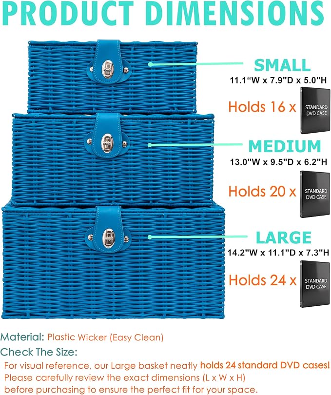 Set of 3 Woven Wicker Storage Basket Box with Lids & Lock, Built-in Carry Handles, Multifunctional Storage Organizer for Nursery, Baby, Clothes, Toys, Books, Large/Medium/Small Size (Blue)