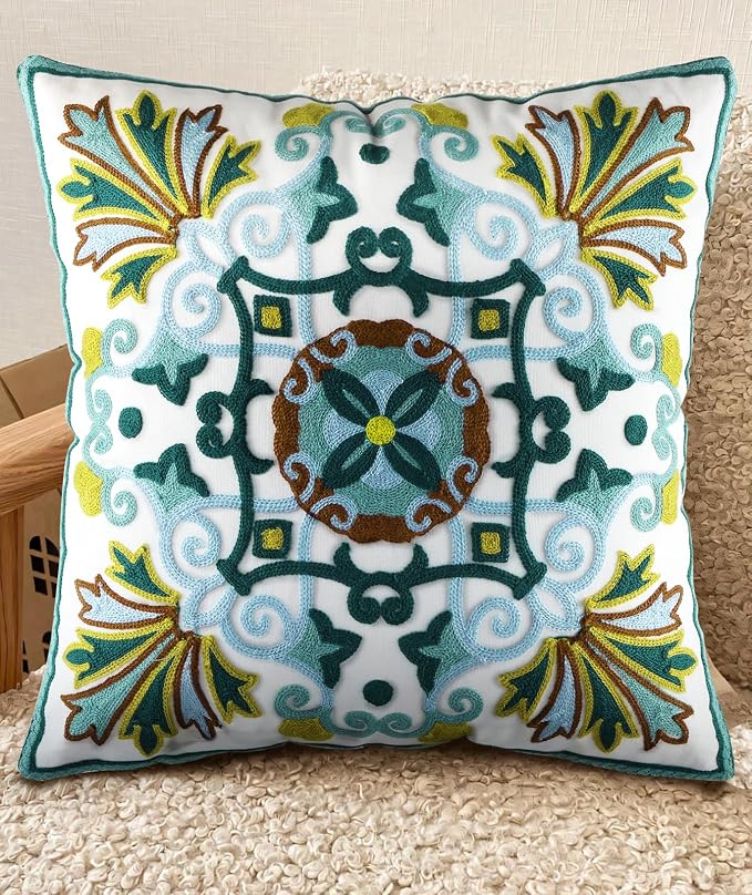 Embroidered Throw Pillow Cover - 18x18 Decorative Pillow Cover with Zipper Aesthetic Cute Design Boho Spring Summer Cozy Throw Pillowcase for Living Room Couch Sofa Bed, Classical Flowers