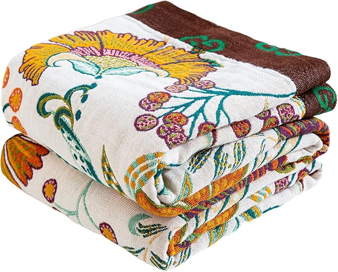 MSGKV Summer Throw Blanket 60"x80" 100% Cotton Woven Muslin for Couch & Bed | 100% Cotton Muslin Throw, Breathable Woven Quilt, Boho Vintage Style, All Season Comfort, Soft & Lightweight, Farmhouse Decor