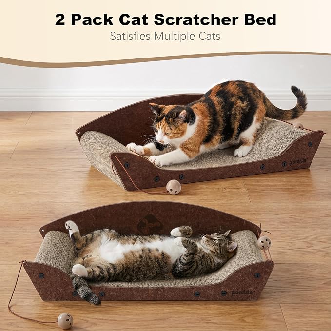 ZOMISIA 2 Pack 26'' Cardboard Cat Scratcher Bed - Large Scratcher Couch for Indoor Cats, Orthopedic Scratching Board, Lounger Scratching Couch with Bells