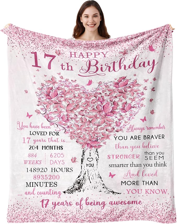 Vuinezo 17 Year Old Girl Gift Ideas Blanket 50"X60", 17th Birthday Decorations for Girls, 17th Birthday Gifts for Girls, Happy 17th Bday Throw, Teen Girl Birthday Gifts, Sweet 17 Year Old Presents